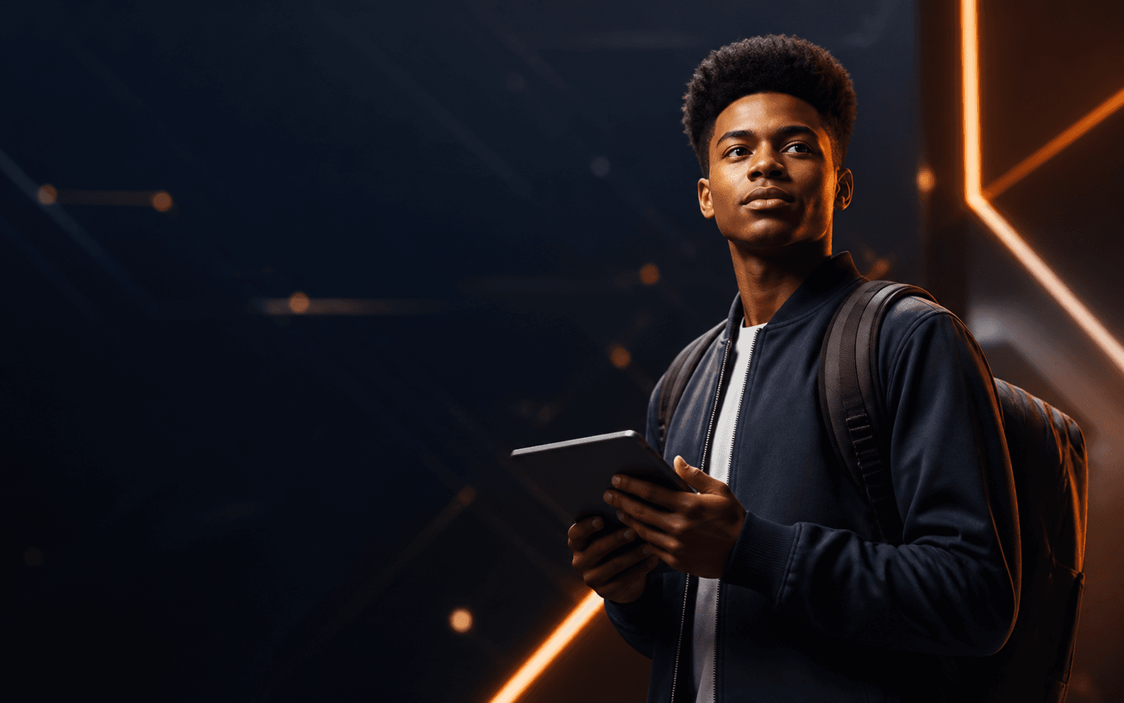 A Black male Scholar holding a tablet and looking confidently toward his future